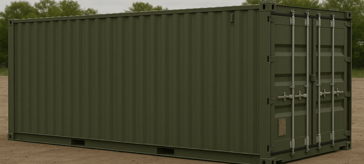 Durable Storage for Military and Government Applications A clean, olive-drab (green) 20ft shipping container standing on dirt ground, representing a unit suitable for military or government use.