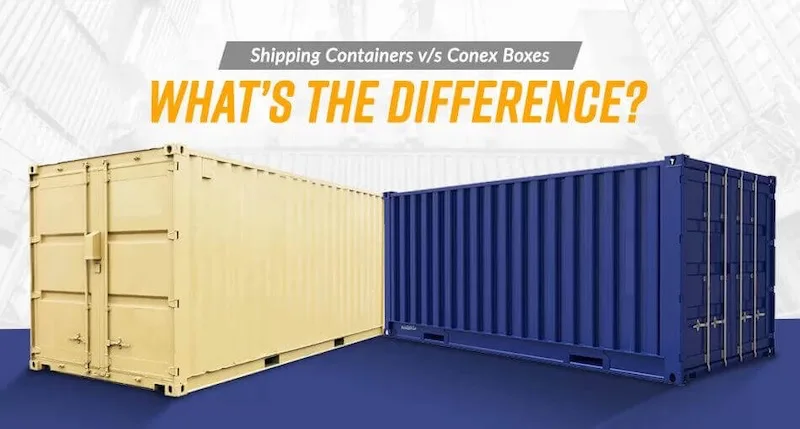 comparison-article-shipping-container-vs-conex-box Graphic showing a tan shipping container next to a blue conex box with the question, "What's the Difference?" for comparison.