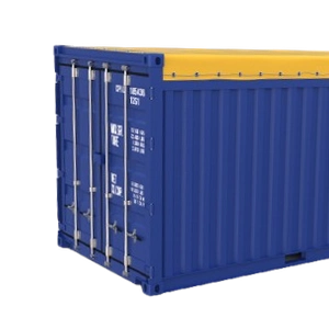 Blue 20ft Open Top shipping container with a bright yellow tarpaulin covering the roof, showing cargo capacity.