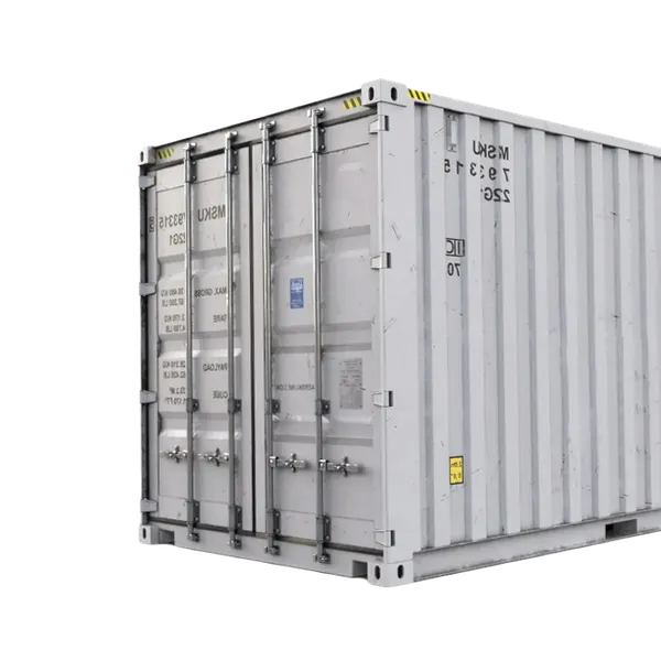 Clean, professional shot of a white standard shipping container from a slight angle, showcasing its essential features.