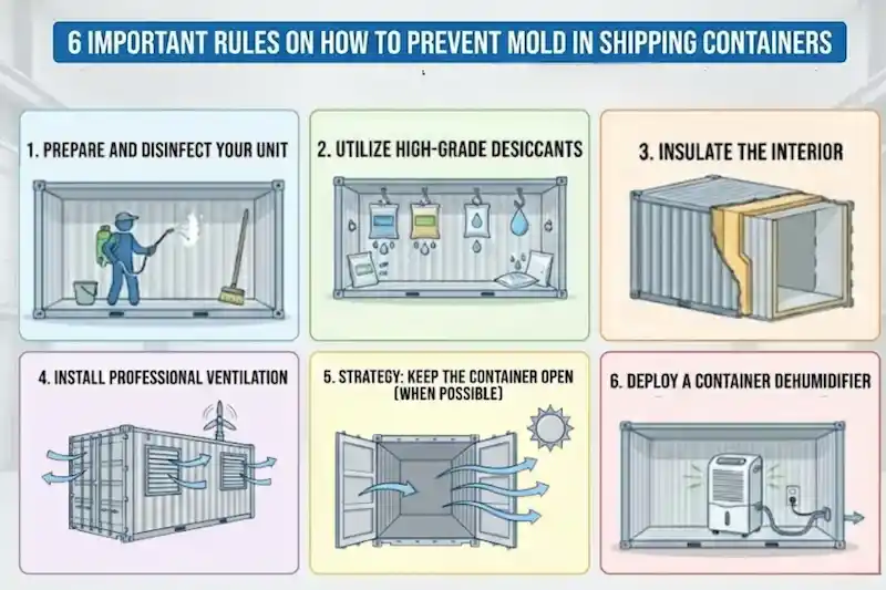 Infografía que muestra 6 reglas para prevenir el moho: desinfectar la unidad, utilizar desecantes, aislar el interior, instalar ventilación, ventilar el contenedor y utilizar deshumidificadores.