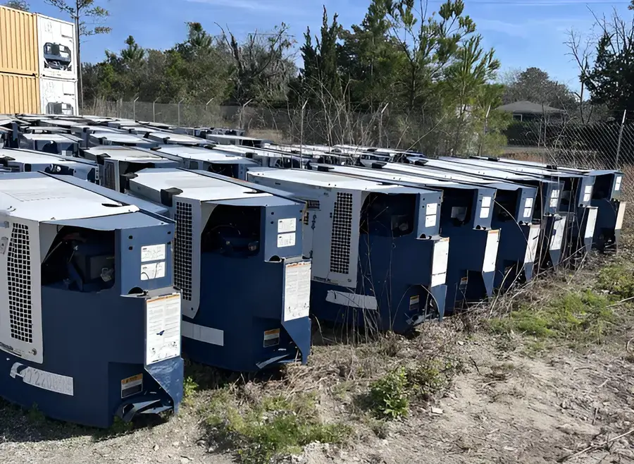 Rows of used Carrier refrigeration units stored outdoors, ready for use in temperature-controlled transport