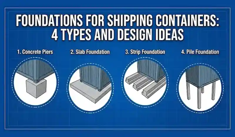 Blue schematic banner illustrating Pier, Slab, Strip, and Pile foundation designs.