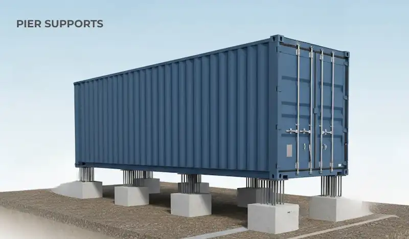 Blue shipping container raised on reinforced concrete pier supports to prevent ground contact.