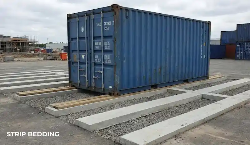 Blue container resting on parallel concrete strip foundations over a gravel bed.