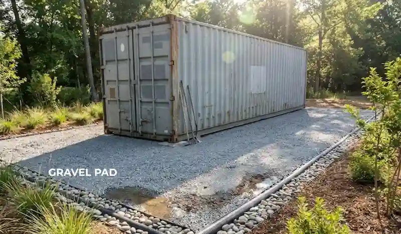 Grey shipping container placed on a leveled gravel pad with a decorative stone border.