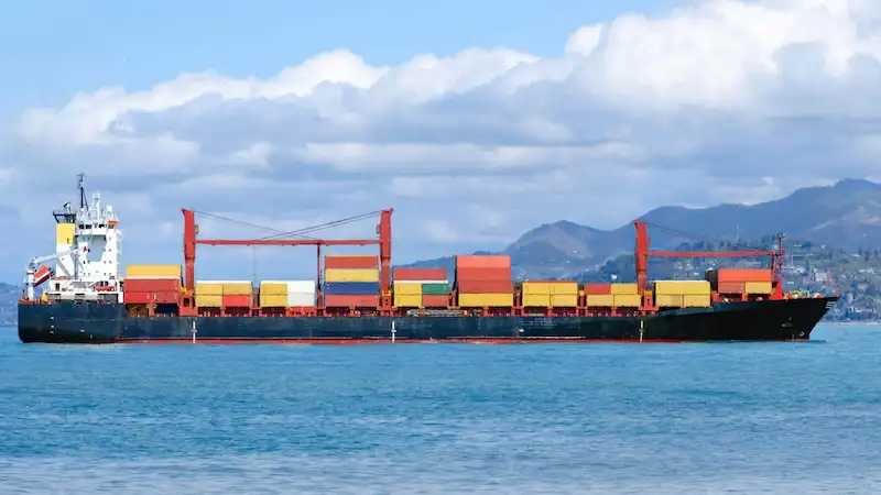 greenhouse-article-container-origin-shipping-vessel Large cargo ship loaded with colorful containers sailing on a blue sea with mountains in the background, symbolizing transport.
