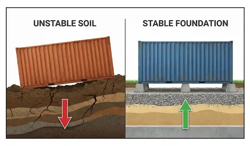 Diagram comparing a container sinking in unstable soil versus one leveled on a concrete foundation.
