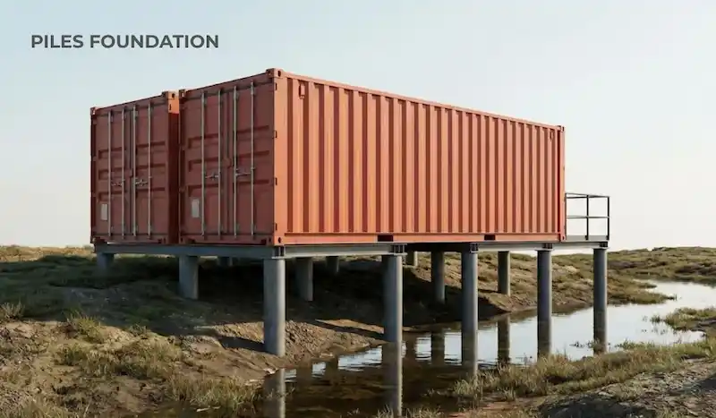 Two containers on a steel platform supported by deep pile foundations in a marsh.