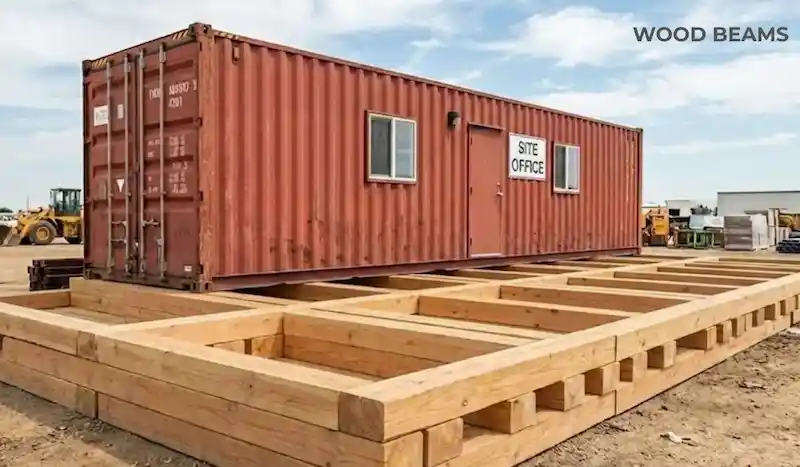 Red shipping container site office resting on a grid of large wooden beams.