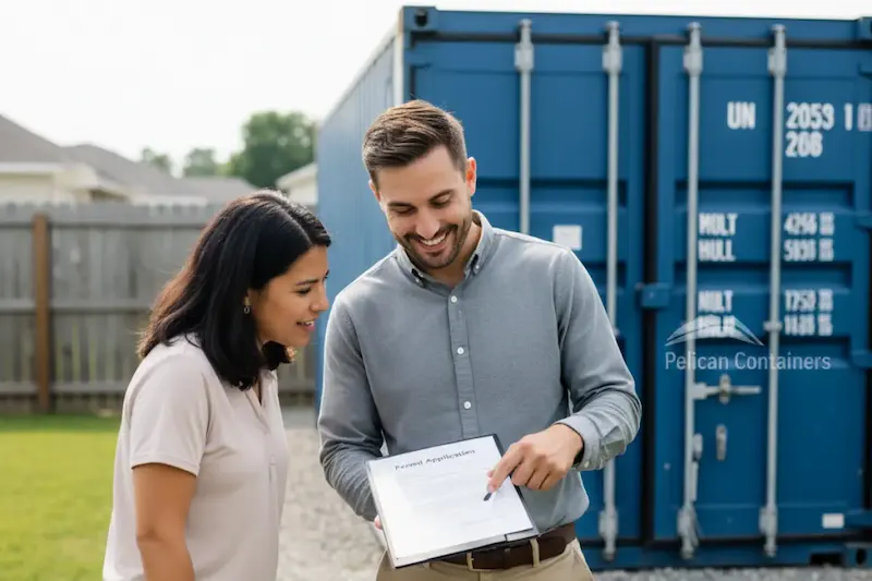 A consultant (man) pointing at a "Permit Application" form while explaining zoning rules to a homeowner (woman) next to a blue container.