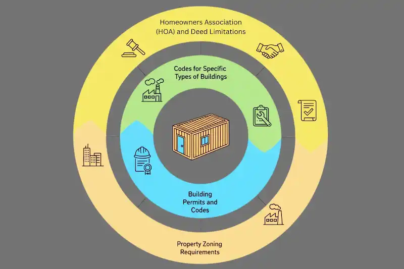 Infographic showing the major regulations for container placement: Zoning, HOA, Building Codes, and Permits needed for property.