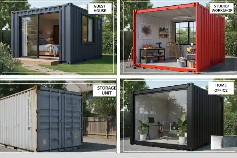 Quad-image showing four container uses: Guest House, Studio/Workshop, Storage Unit, and Home Office, on a residential property.