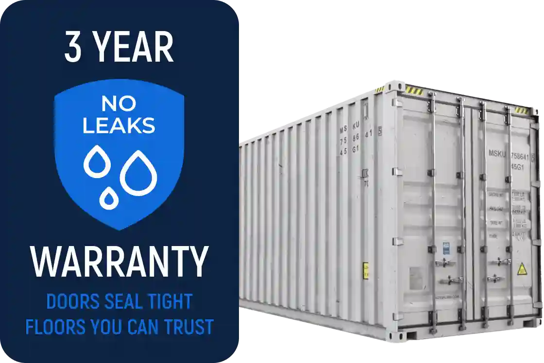 3-year warranty badge for shipping containers featuring no leaks guarantee, tight-sealing doors, and reliable floors alongside a white cargo container