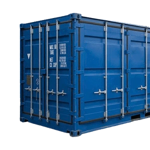 Blue 20ft High Cube shipping container with the entire long side opened up for full, unobstructed access.