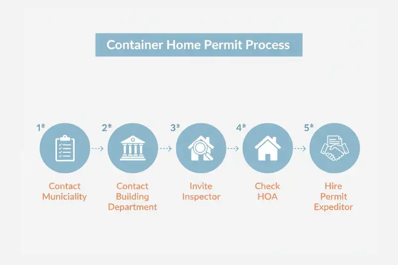 Flowchart showing the 5 steps to get container home permission: Contact Municipality, Building Dept, Inspector, HOA, and Hire Expeditor.