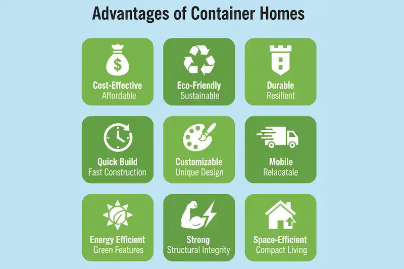 Infographic showing 9 advantages of container homes: Cost-Effective, Durable, Quick Build, Customizable, and Structural Integrity.