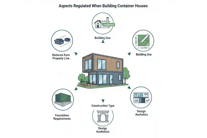 Infographic showing 5 key regulations for building a container home: Zoning, Foundation, Design, and Distance from Property Line.