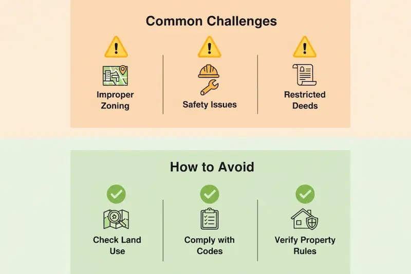 Infographic showing container home permit challenges (Zoning, Safety, Deeds) and solutions (Check Land Use, Comply with Codes).