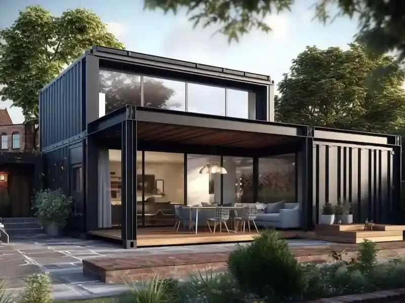 Luxurious, two-story black container home with floor-to-ceiling glass, a wooden patio, and modern outdoor dining area.