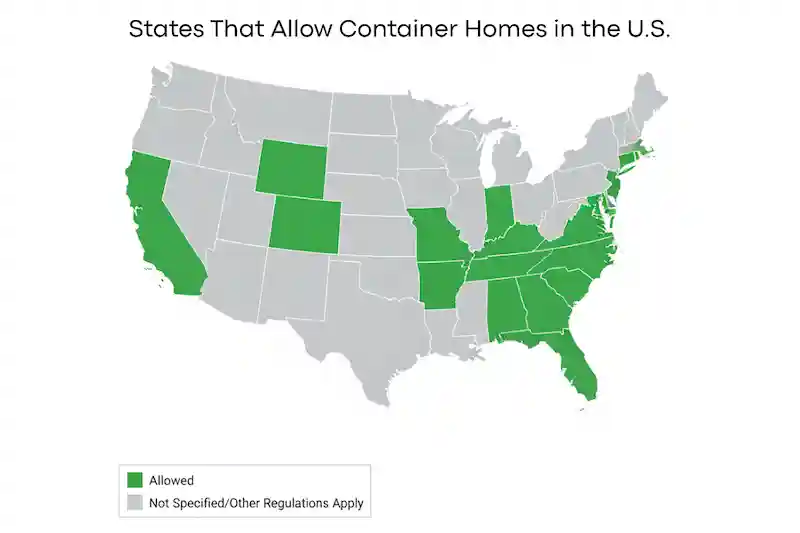 Map of the US showing which states (marked in green) allow shipping container homes and which states have unspecified regulations.