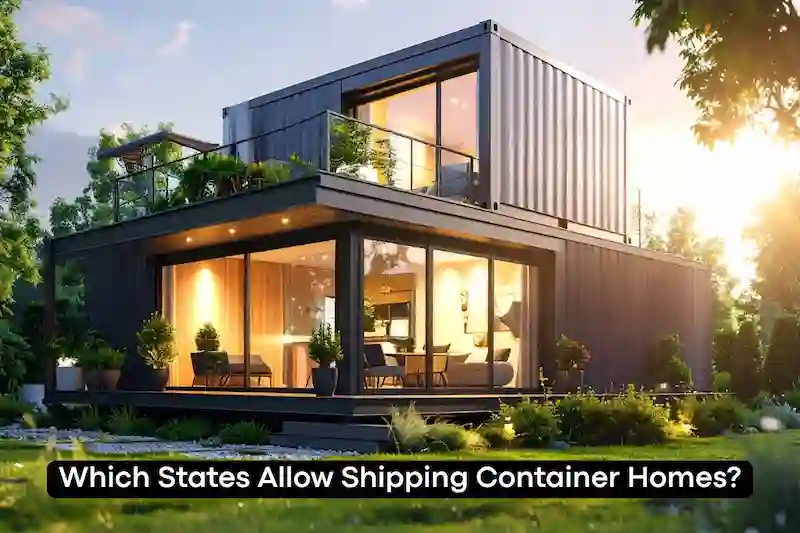 Luxurious two-story container home with glass walls and a deck at sunset, asking, "Which States Allow Shipping Container Homes?"
