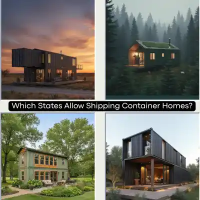 Zoning Laws: Which States Allow Container Homes and Permits Guide Four distinct examples of modern container homes (wooded cabin, two-story) asking, "Which States Allow Shipping Container Homes?"