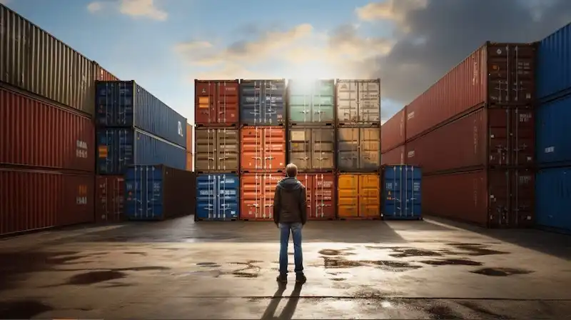 Persona de pie en un gran patio de contenedores frente a altísimas pilas, que simbolizan la elección del inventario de contenedores para el mercado canadiense.