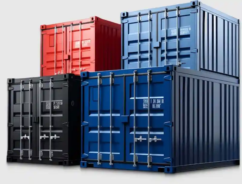 Pila de cuatro contenedores de transporte multicolores (rojo, azul, negro) que representan los distintos tamaños y tipos disponibles para la venta.