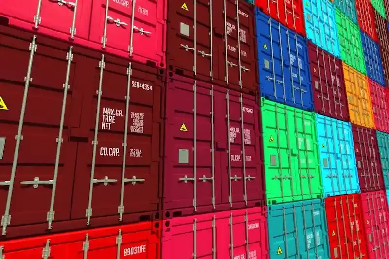 Close-up 3D render of container doors showing the stenciled specs for Max Gross, Tare, and Net weight capacity.