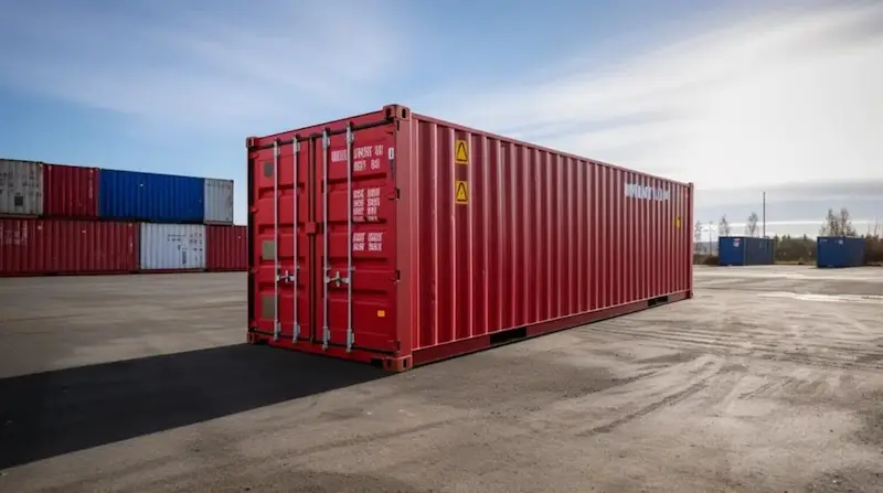 Un solo contenedor rojo de 40 pies en un patio, con las especificaciones de peso y capacidad claramente indicadas en la puerta.