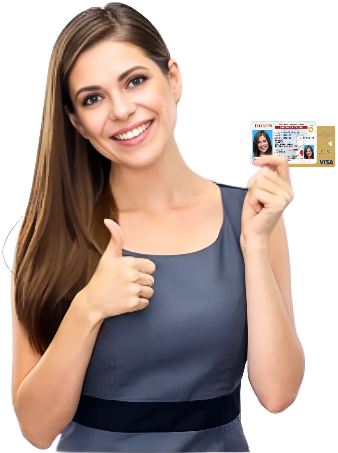 Smiling woman holding a credit card and driver's license, giving a thumbs-up