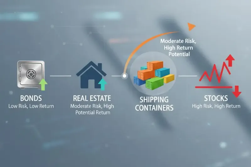 Infographic comparing Shipping Containers investment (Moderate Risk, High Return) to Bonds, Real Estate, and Stocks.