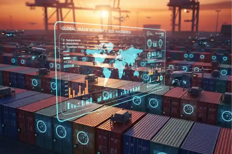Futuristic port scene with drones, a holographic map of global trade, and data overlays above stacked shipping containers.