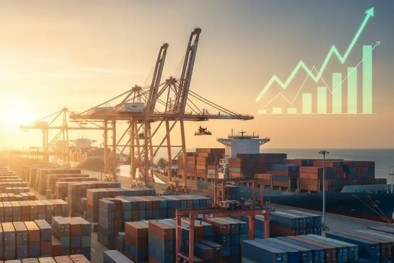 Port at sunrise with cargo ship and cranes, showing a green overlaid chart with a strong upward trend, symbolizing profit.