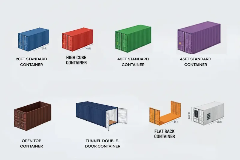 Graphic showing 8 container types: Standard, High Cube, Open Top, Tunnel, Flat Rack, and Reefer, comparing investor options.