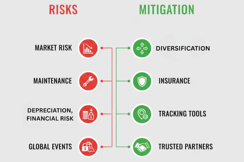 Infographic showing investment risks (Market, Maintenance, Depreciation) and their solutions (Diversification, Insurance, Tracking).