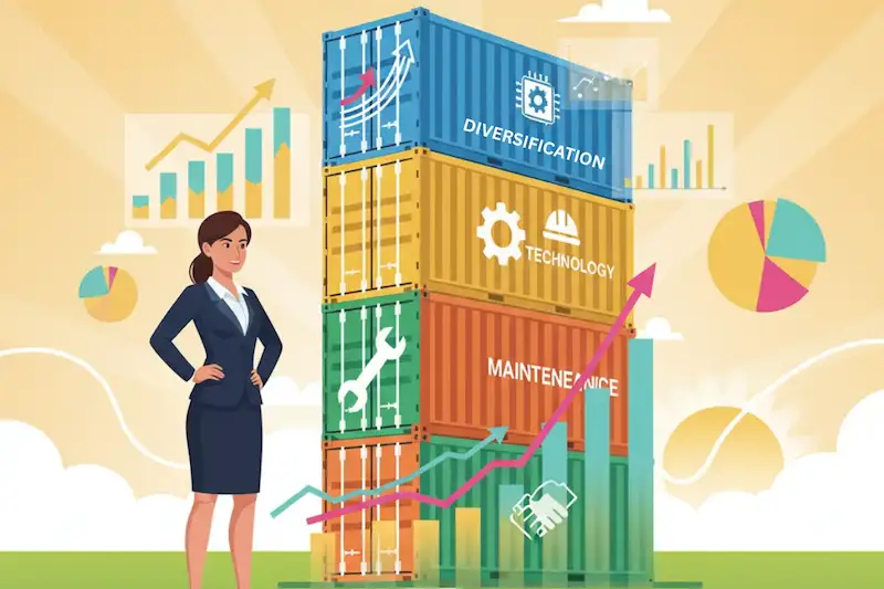 Infographic showing a woman and stacked containers labeled with key investment strategies: Diversification, Technology, and Maintenance.