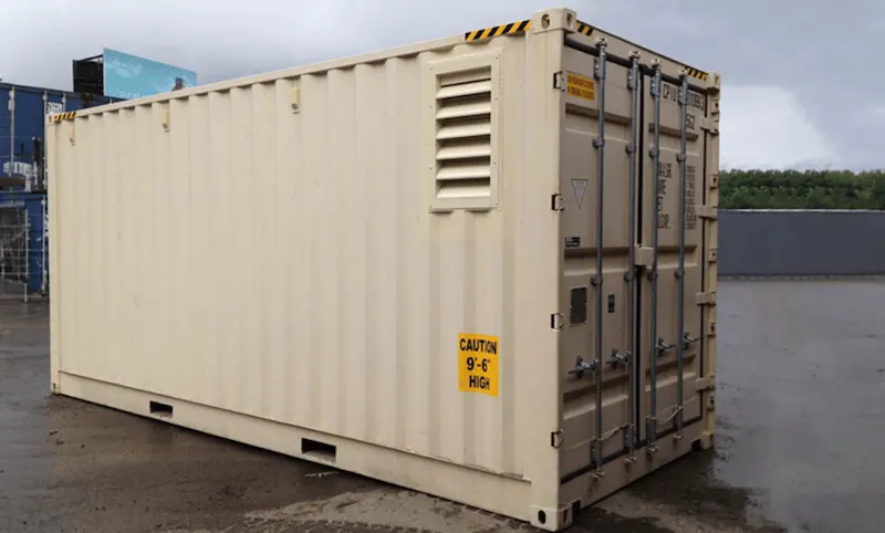 Clean beige High Cube container with an installed louvered vent, perfect for climate-sensitive storage requiring extra airflow.