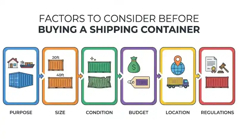 Infographic showing 6 factors for buying containers: Purpose, Size, Condition, Budget, Location, Regulations.