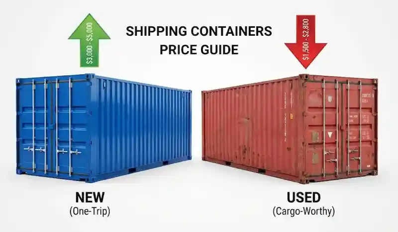 Blue New container ($3k-$5k) vs Red Used container ($1.5k-$2.8k) with price arrows.