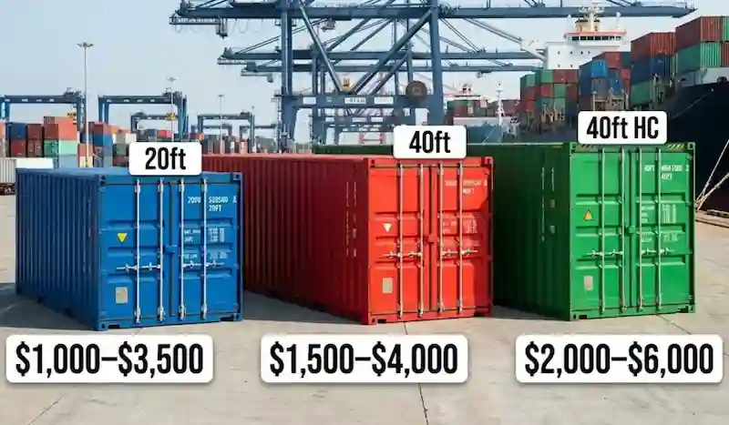 20ft, 40ft, and 40ft HC containers at a port with price overlays ranging from $1,000 to $6,000.