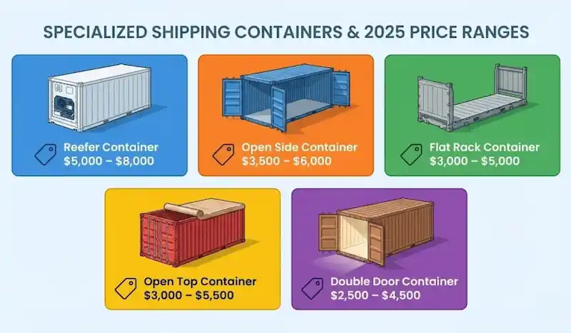 Price list for Reefer, Open Side, Flat Rack, Open Top, and Double Door containers.