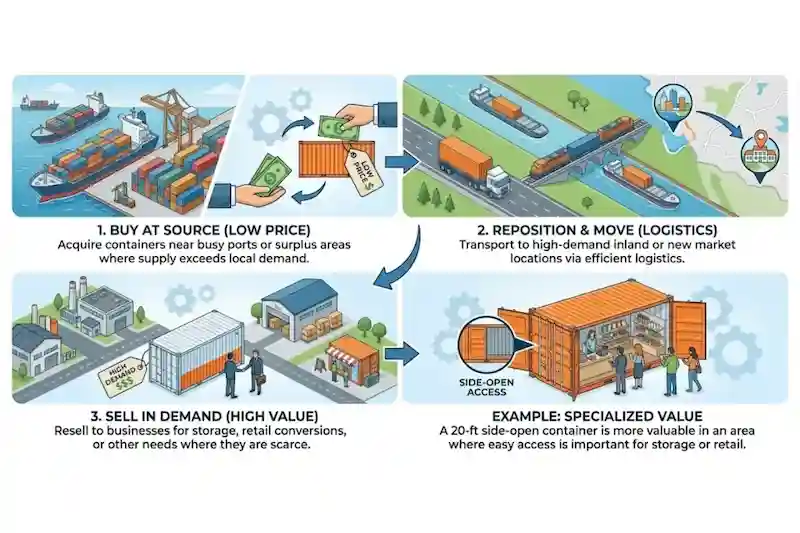 Diagram showing the "Buy, Reposition, Sell" business model with trucks moving containers to high-demand areas.