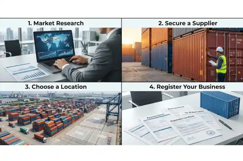 Collage showing 4 startup phases: Market Research (Laptop), Secure Supplier, Location (Port), Registration.