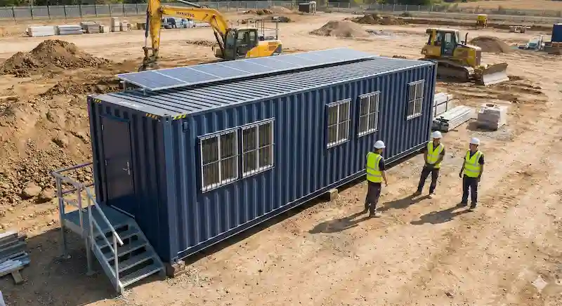 Workers converting a container into a site office with windows and solar panels on a construction site.