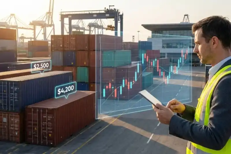 Man analyzing a digital stock chart overlaying a container port, symbolizing market trading trends.