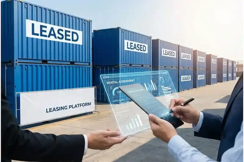Business people signing a contract in front of blue containers with a "Leased" overlay.