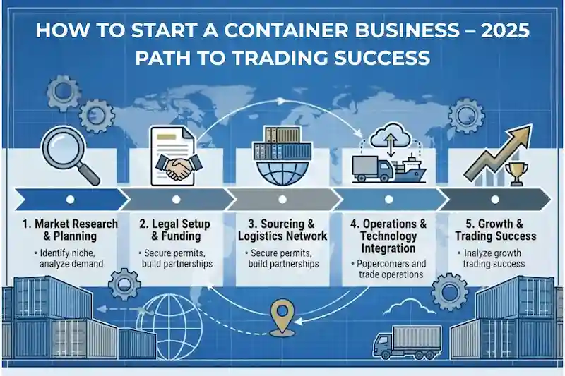Infographic outlining 5 steps to start a container business: Research, Legal, Sourcing, Operations, Growth.