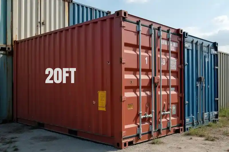 Red 20ft shipping container with "20FT" graphic overlay, showcasing the most common size for shipping and storage.